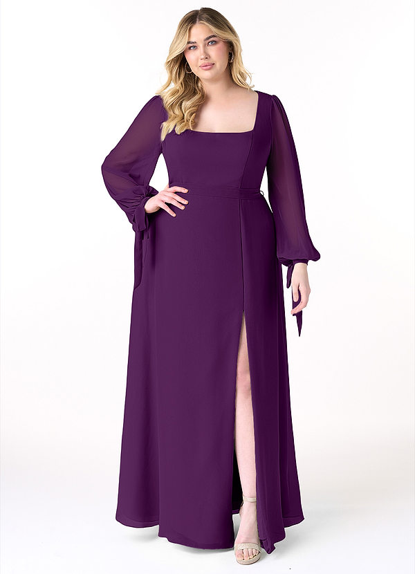 Azazie Leonia Bridesmaid Dresses Grape A-Line Long Sleeve Chiffon Dress image1