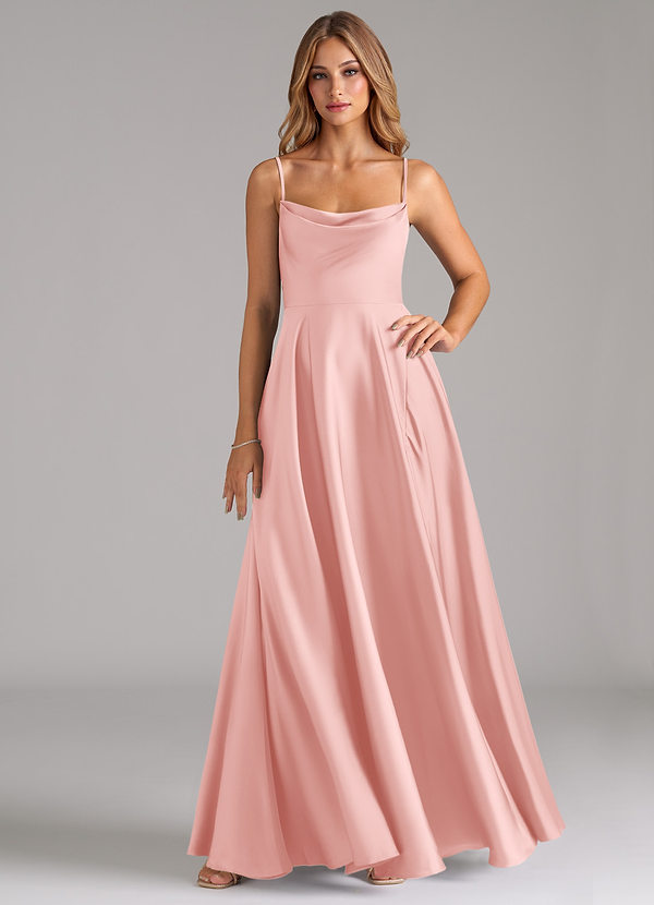 Azazie Elle Bridesmaid Dresses Powder Pink A-Line Pleated Stretch Satin Dress image1