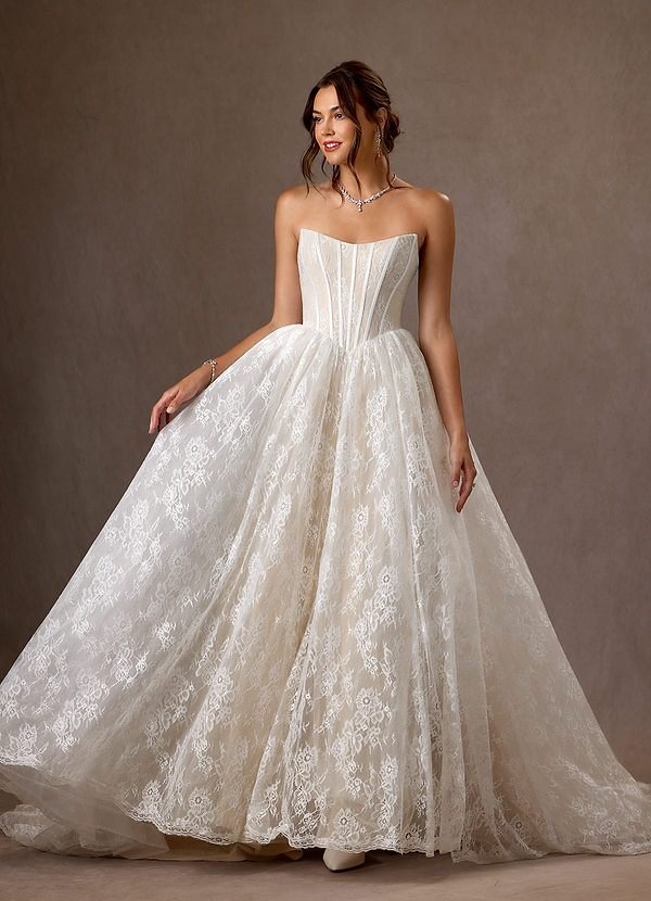 Azazie Demetria Wedding Dresses Diamond White Champagne Ball-Gown Strapless Lace Dress image1