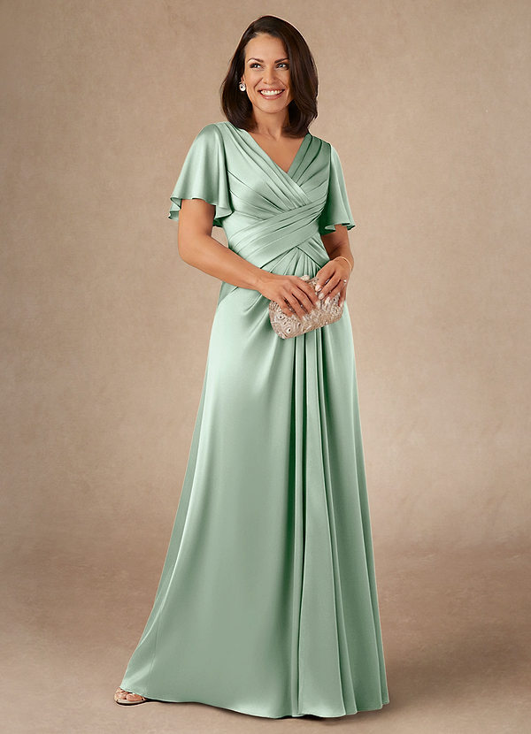 Azazie Emmeline Mother of the Brides Dresses Agave A-Line Pleated Stretch Satin Dress image1