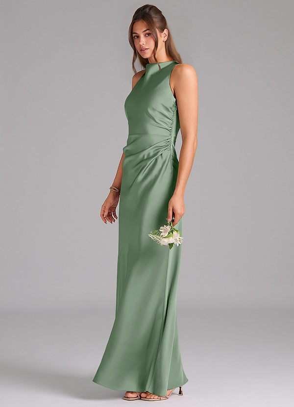 Azazie Evadne Bridesmaid Dresses Matcha A-Line Pleated Stretch Satin Dress image1
