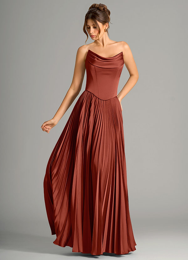Azazie Saedra Bridesmaid Dresses Terracotta A-Line Corset Stretch Satin Dress image1