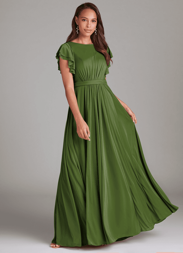 Azazie Daphne Modest Bridesmaid Dresses A-Line Ruched Mesh Floor-Length Dress image1