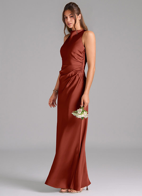 Azazie Evadne Bridesmaid Dresses Terracotta A-Line Pleated Stretch Satin Dress image1