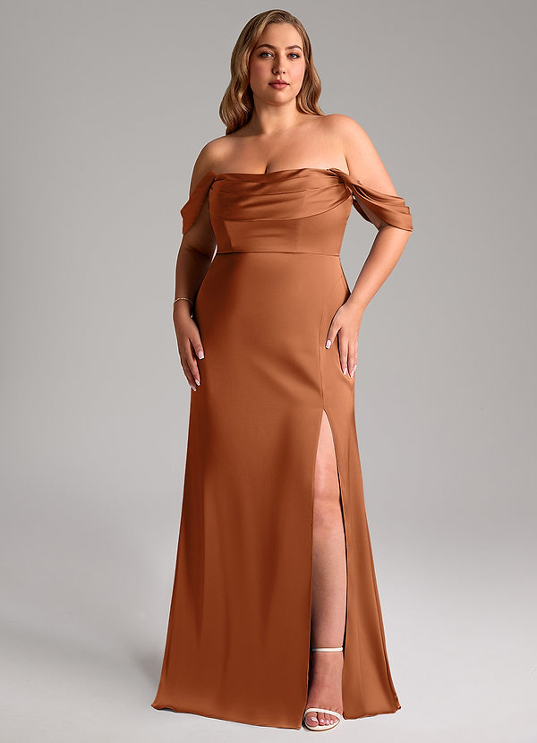 Azazie Saige Bridesmaid Dresses Copper Sheath Off the Shoulder Stretch Satin Dress image1