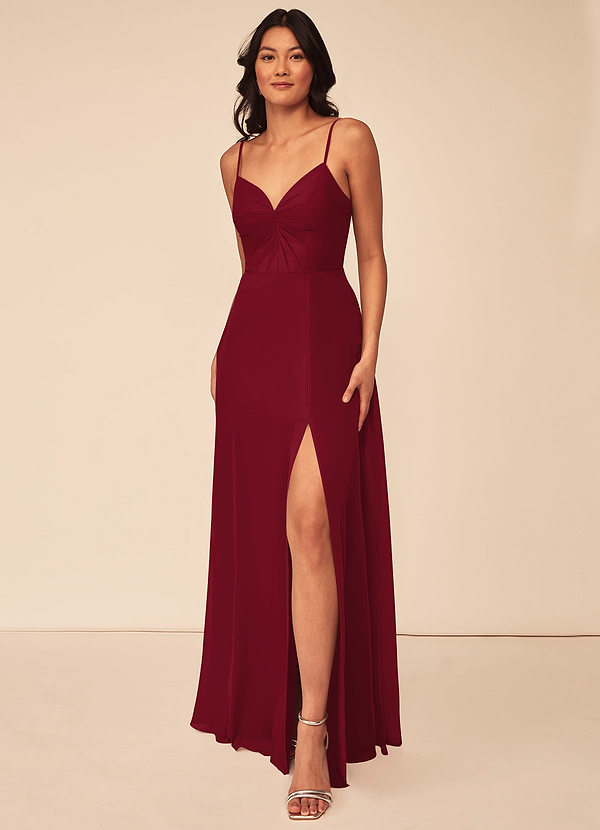 A-Line Pleated Chiffon Floor-Length Dress Burgundy