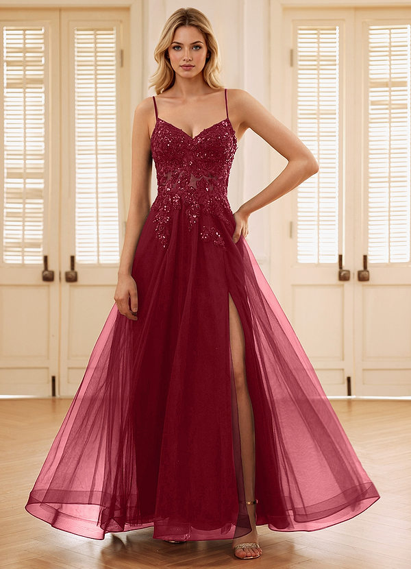 Quinne Burgundia Suknia balowa z tiulu z kryształkami image1