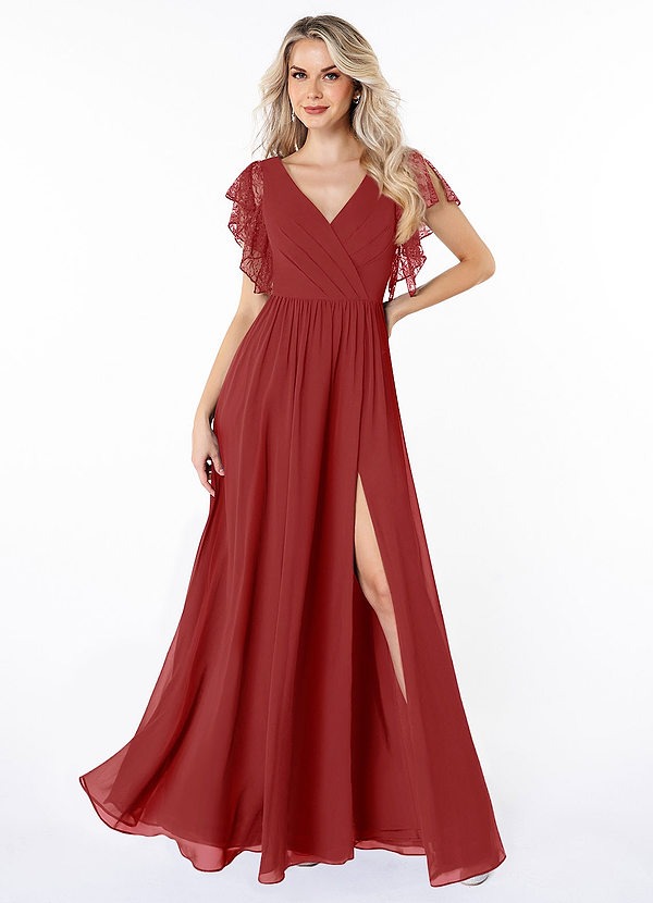 Azazie Zella Brautjungfernkleider A-Linie Spitze Chiffon Kleid Rost image1