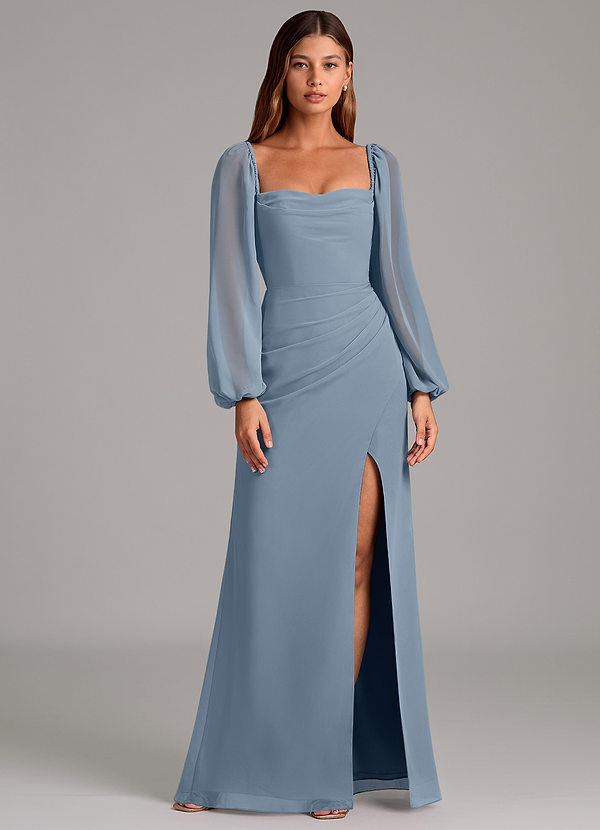 Azazie Brixley Abiti da Damigella Abito Sirena in Chiffon Manica Lunga Blu Polveroso image1