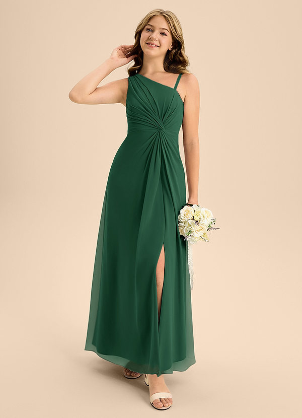 Azazie Brooke Junior Vestido de Verde Oscuro de Gasa de Corte En A con Corte Lateral image1