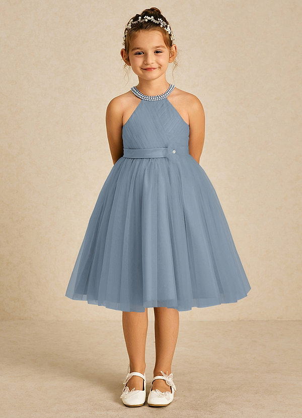 Azazie Honey Flower Girl Dresses Dusty Blue A-Line Beaded Matte Satin Dress image1