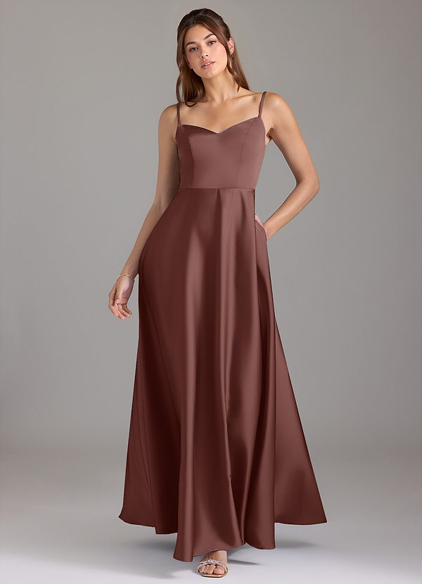 Azazie Marley Robes Demoiselle d'honneur Robe Trapèze Convertible en Satin extensible Épaule décolletée Expresso image1