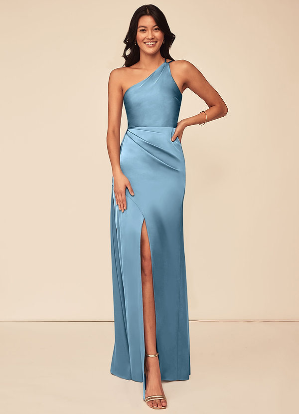 Azazie Maron Bridesmaid Dresses Steel Blue A-Line One Shoulder Stretch Satin Dress image1
