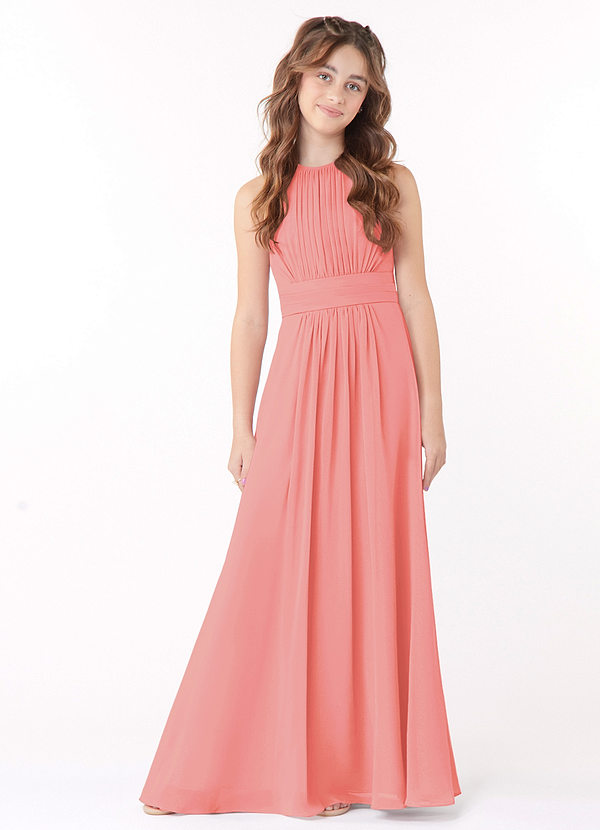 Azazie Bonnie Junior Coral A-Line Pleated Chiffon Dress image1