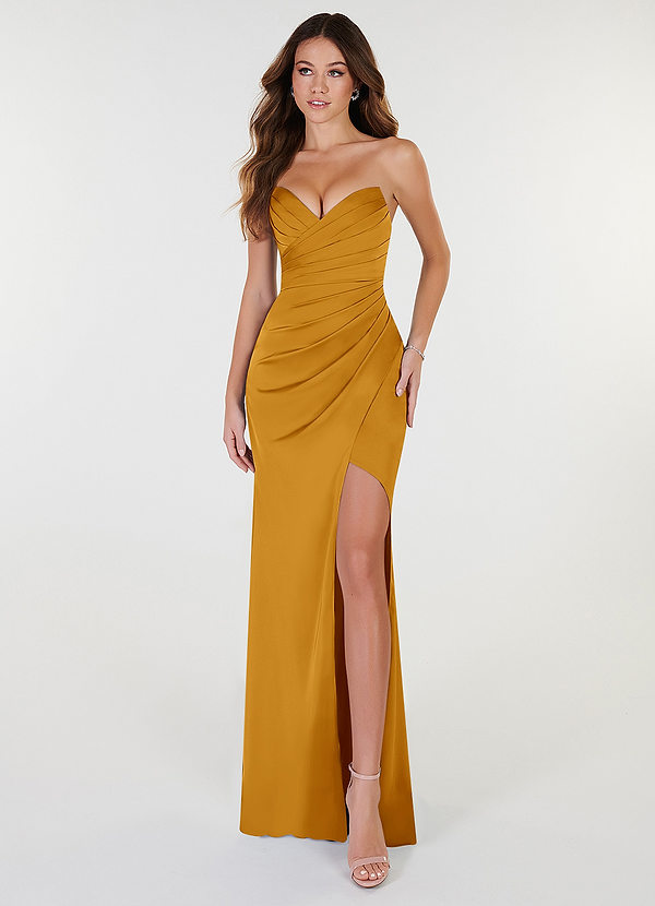 Azazie Yola Bridesmaid Dresses Butterscotch Sheath V-Neck Pleated Stretch Satin Convertible Dress image1