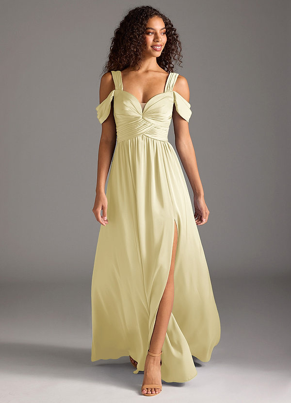 Azazie Lianne Bridesmaid Dresses Lemon Sorbet A-Line Off the Shoulder Stretch Satin Dress image1