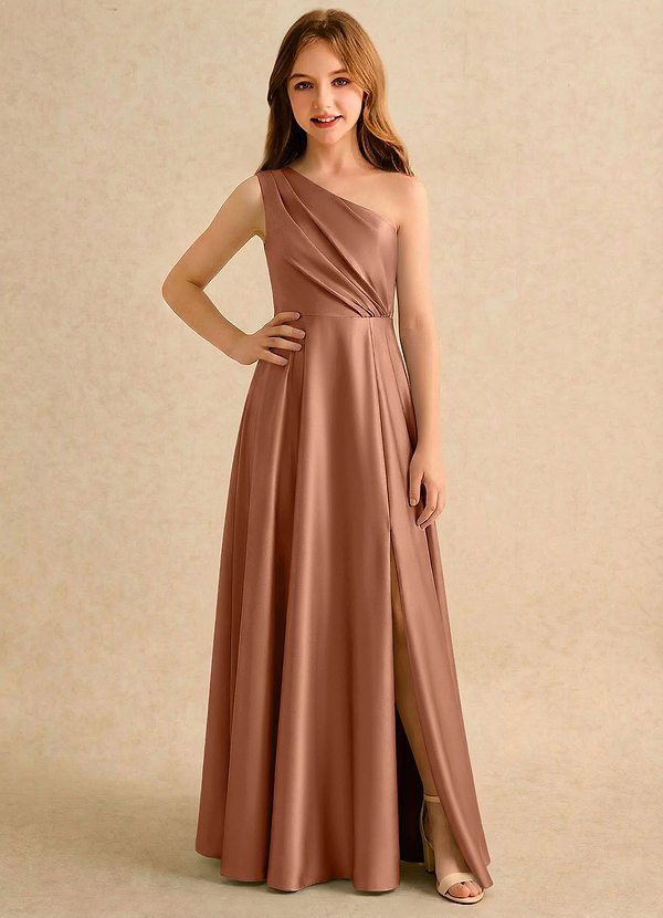 Azazie Puddles Girls Formal Abiti da Ragazza di Fiori Abito A-Line in Raso Elasticizzato Monospalla Bronzo image1