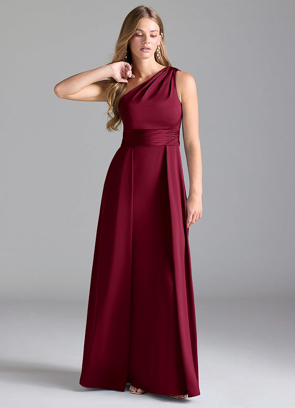 Azazie Dallas Bridesmaid Dresses Burgundy A-Line One Shoulder Stretch Satin Dress image1