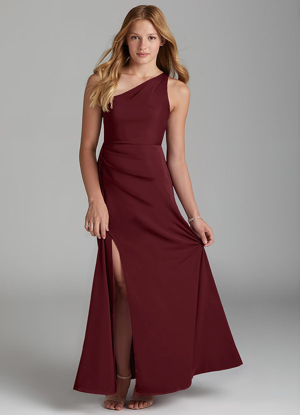 Azazie Maron Junior Cabernet A-Line Pleated Stretch Satin Dress image1