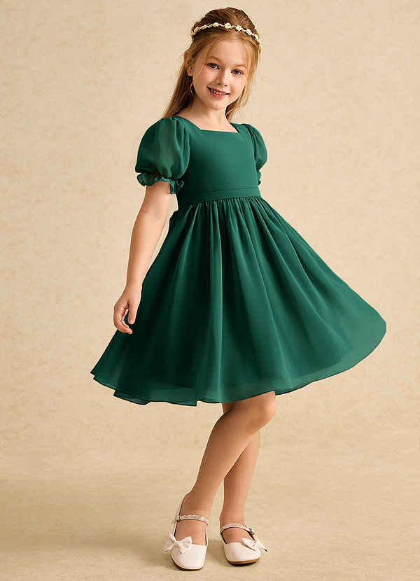 Azazie Jolie Flower Girl Dresses Emerald A-Line with Sleeves Chiffon Dress image1