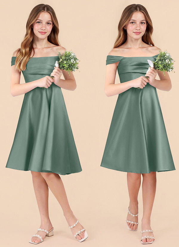 Azazie Amira Junior Silver Sage A-Line Pleated Stretch Satin Dress image1