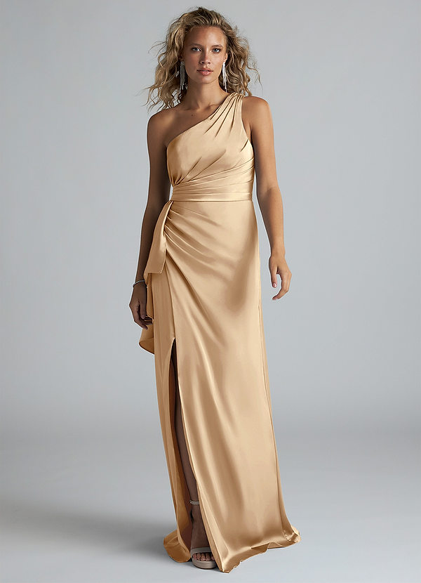 Azazie Maive Robes Demoiselle d'honneur Robe Fourreau en Satin extensible Rayé Champagne image1