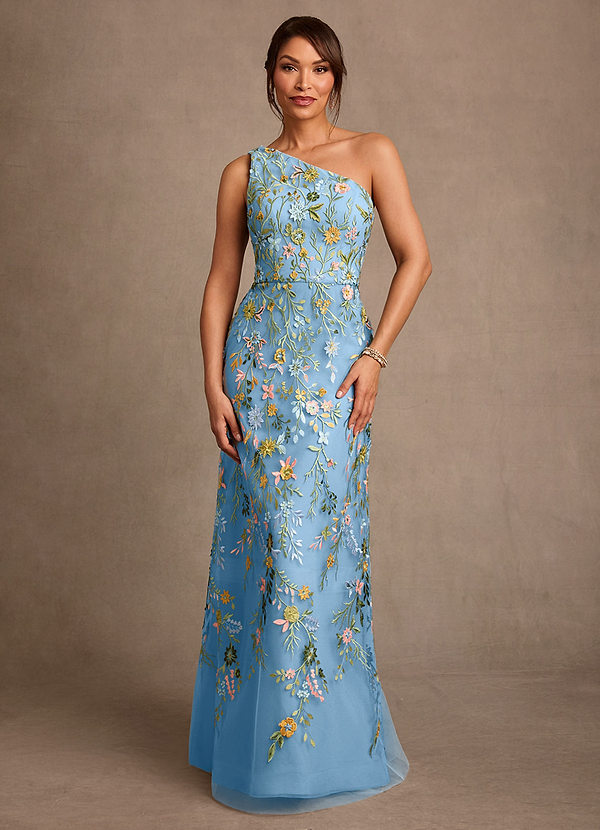 Azazie Bertie Mother of the Brides Dresses Steel Blue A-Line Lace Dress image1