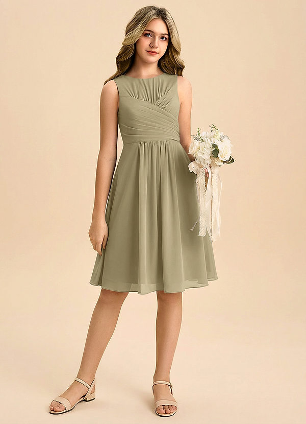 Azazie Skyla Junior Jurk van Chiffon met A-Lijn Geplooid Mosgroen image1