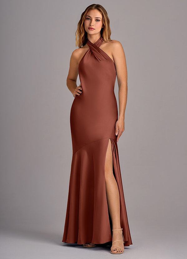 Azazie Lorena Bridesmaid Dresses Auburn Mermaid Pleated Stretch Satin Dress image1