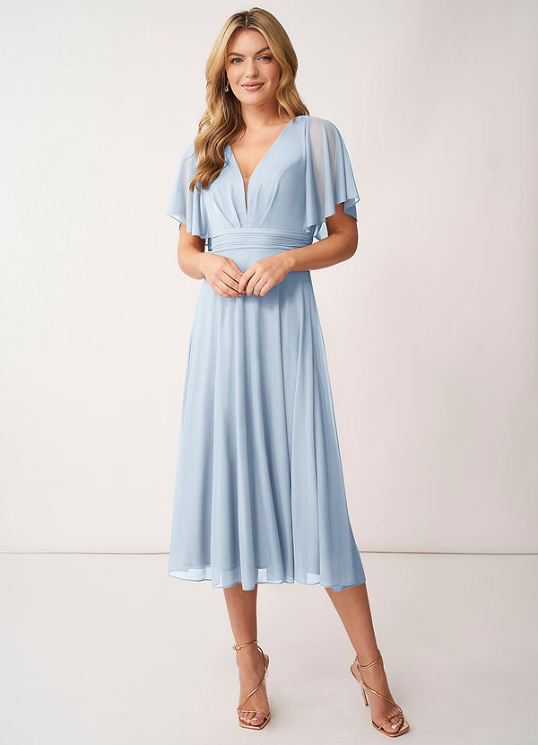 Azazie Tinsley Bridesmaid Dresses A-Line Pleated Mesh Tea-Length Dress image1