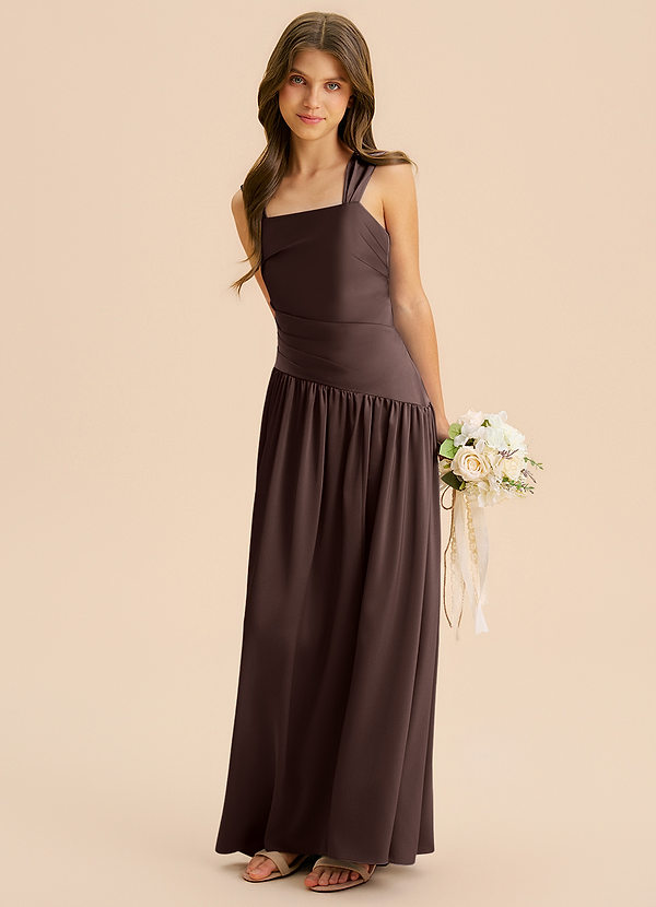 Azazie Dotty Junior A-Linie Plissee Stretch-Satin Kleid Ganache image1