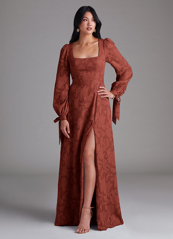 Azazie Leonia Bridesmaid Dresses Terracotta A-Line Long Sleeve Floral Burnout Dress image1