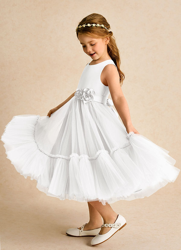 Azazie Miracle Blumenkinder Kleider A-Linie Schleifen Matte Satin Kleid Weiß image1
