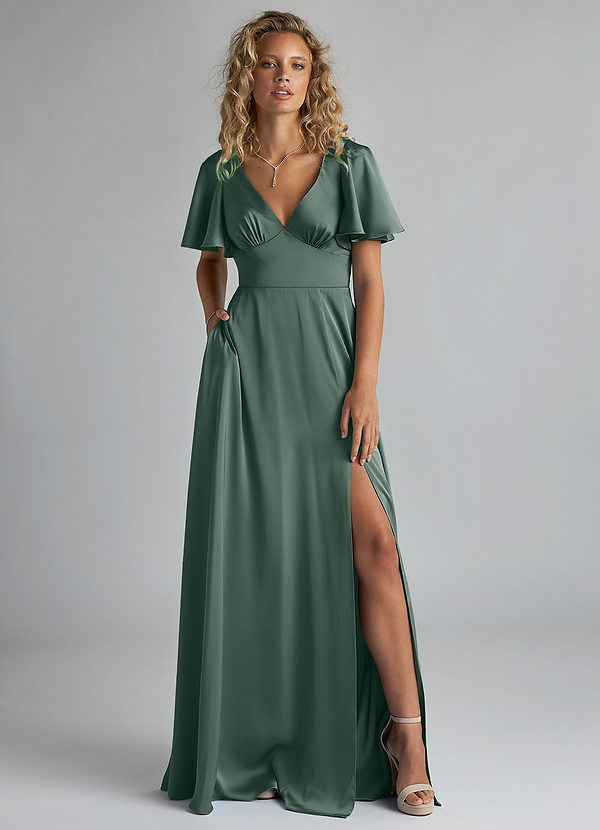 Azazie Kimber Bridesmaid Dresses Sea Moss A-Line Ruched Stretch Satin Dress image1