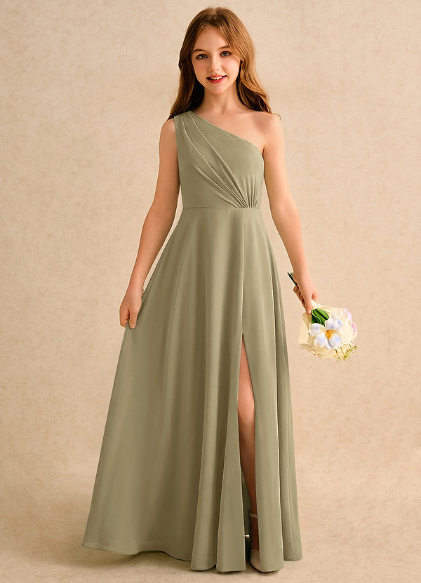 Azazie Puddles Girls Formal Abiti da Ragazza di Fiori Abito A-Line in Chiffon Monospalla Verde Muschio image1