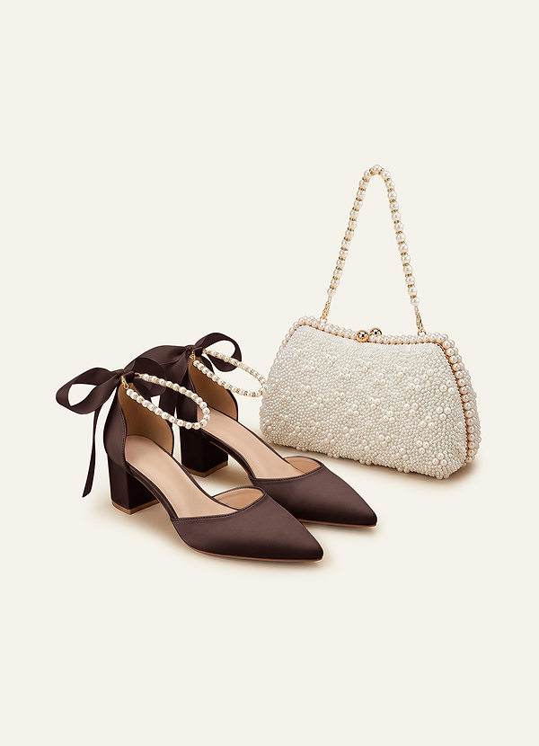front Matching Color Matte Satin Pearl and Bow Pointed Toe Block Heels & Beaded Clutch Set