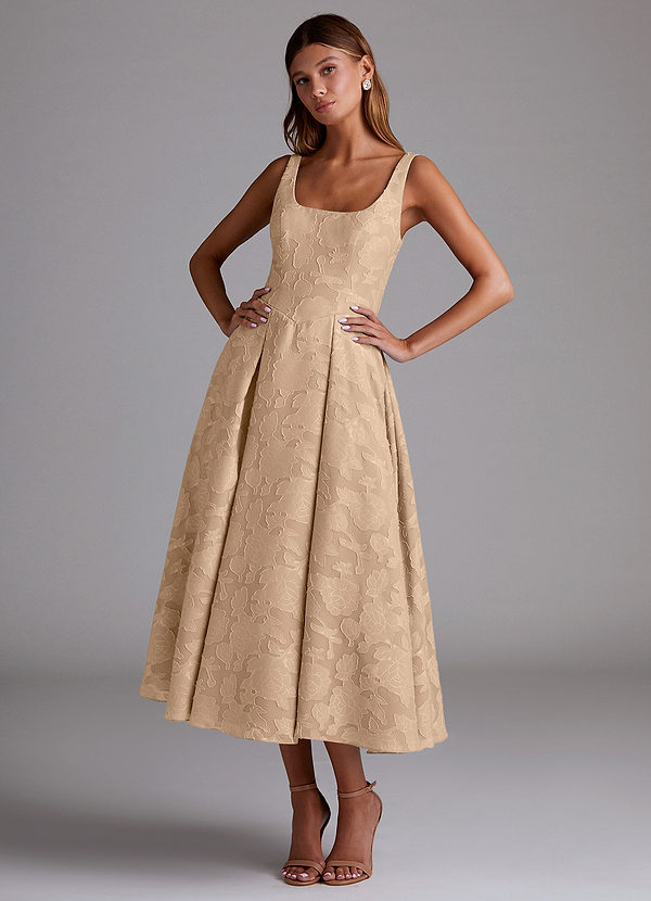 Azazie Amalie Brautjungfernkleider A-Linie Plissee Blumen-Burnout Kleid Champagner image1