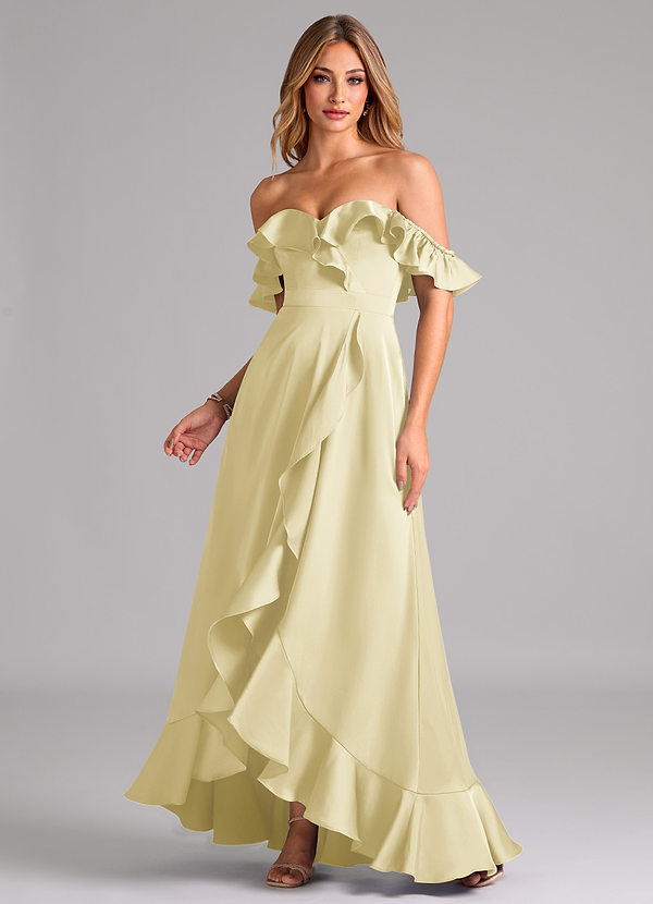 Azazie Lyra Bridesmaid Dresses Lemon Sorbet A-Line Off the Shoulder Stretch Satin Convertible Dress image1