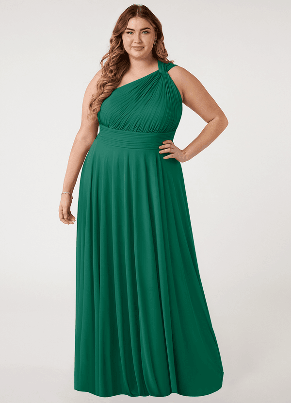 Azazie Charlize Bridesmaid Dresses Emerald A-Line One Shoulder Mesh Dress image1