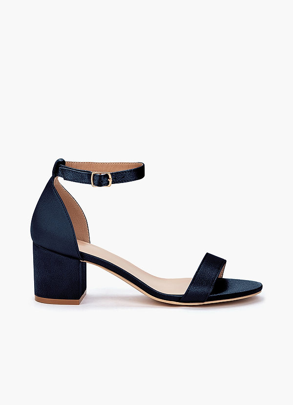 front Sandales à talon carré et boucle à une bride en satin métallisé de couleur assortie