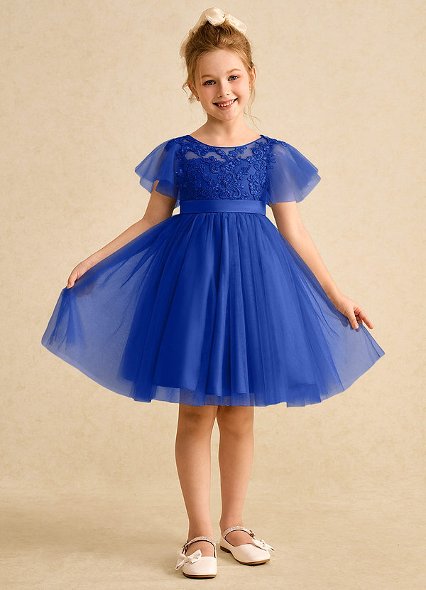 Azazie Queenie Robes de Fillette d'Honneur Robe Trapèze en Dentelle Bleu Roi image1