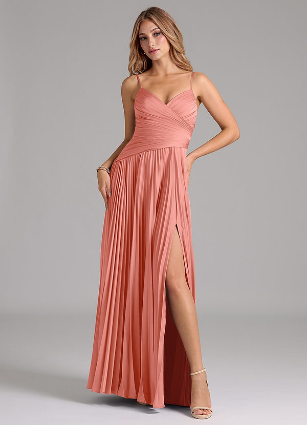 Azazie Vini Abiti da Damigella Abito A-Line in Raso Elasticizzato Plissettato Corallo image1