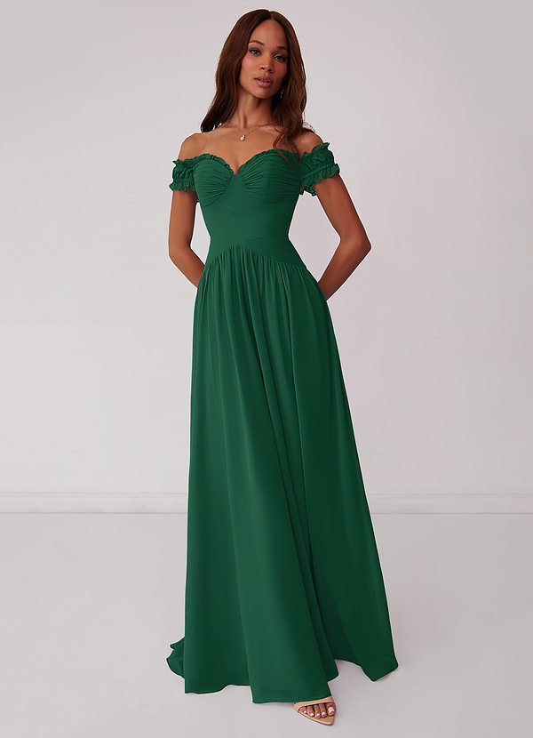 Barbie ♥ Azazie Bridesmaid Dresses Dark Green A-Line Off the Shoulder Chiffon Convertible Dress image1