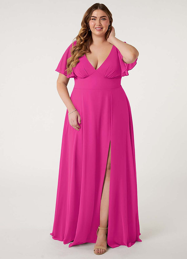 Azazie Kimber Bridesmaid Dresses Fuchsia A-Line Flounce Sleeve Chiffon Dress image1