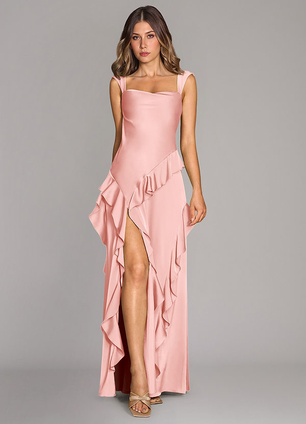 Azazie Sloane Bridesmaid Dresses Vestido Pó Rosa de Cetim elástico de Linha A com Decote em coração image1