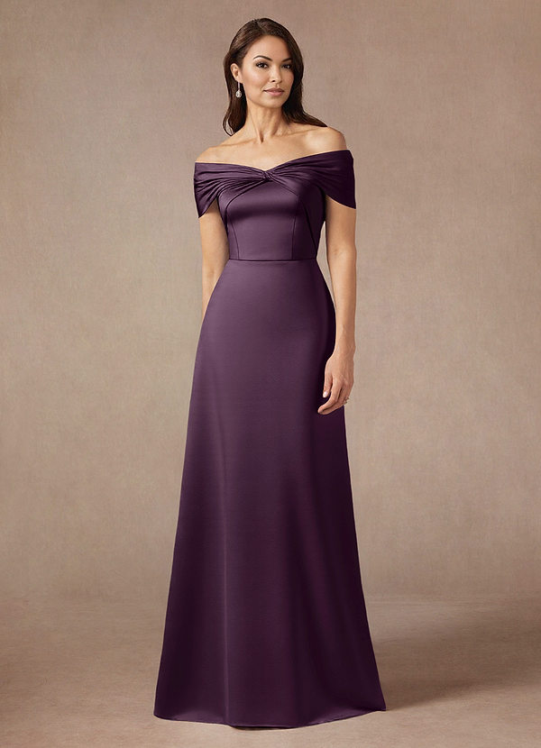 Azazie Amelia Mother of the Brides Dresses Plum A-Line Off the Shoulder Stretch Satin Dress image1