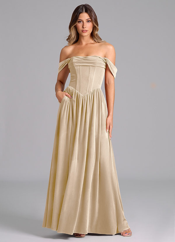 Azazie Hattie Robes Demoiselle d'honneur Robe Trapèze en velours Rayé Champagne image1