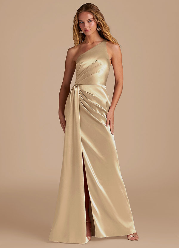 Azazie Mika Bridesmaid Dresses Champagne Sheath One Shoulder Metallic Satin Dress image1