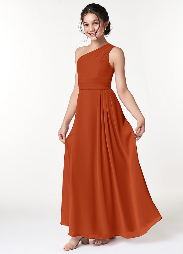Azazie Cleo Junior Vestido de Naranja Quemada de Gasa de Corte En A con Plisado image1