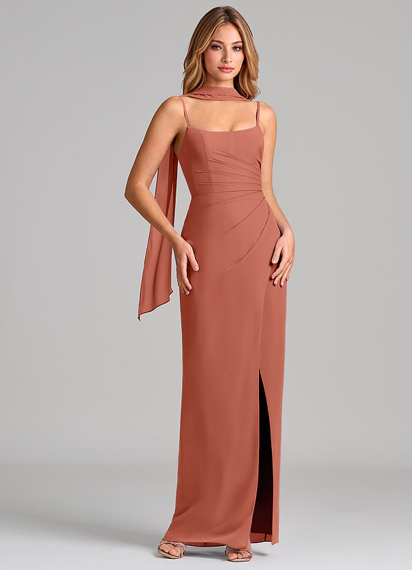 Azazie Calandra Bridesmaid Dresses Clay Sheath Pleated Chiffon Dress image1